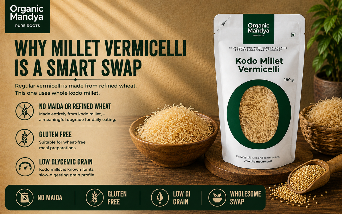 Kodo millet vermicelli banner highlighting whole millet ingredients, gluten free preparation and everyday cooking benefits.