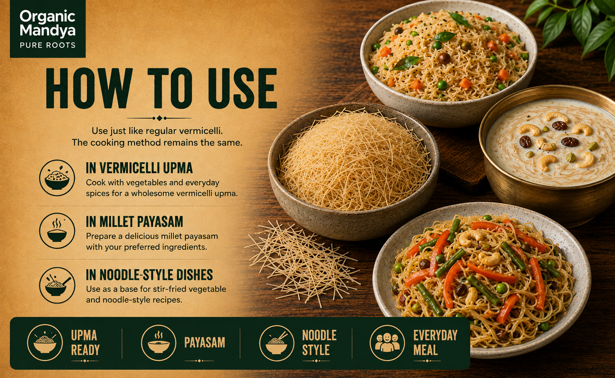 Kodo millet vermicelli shown with upma, payasam and noodle style serving ideas.