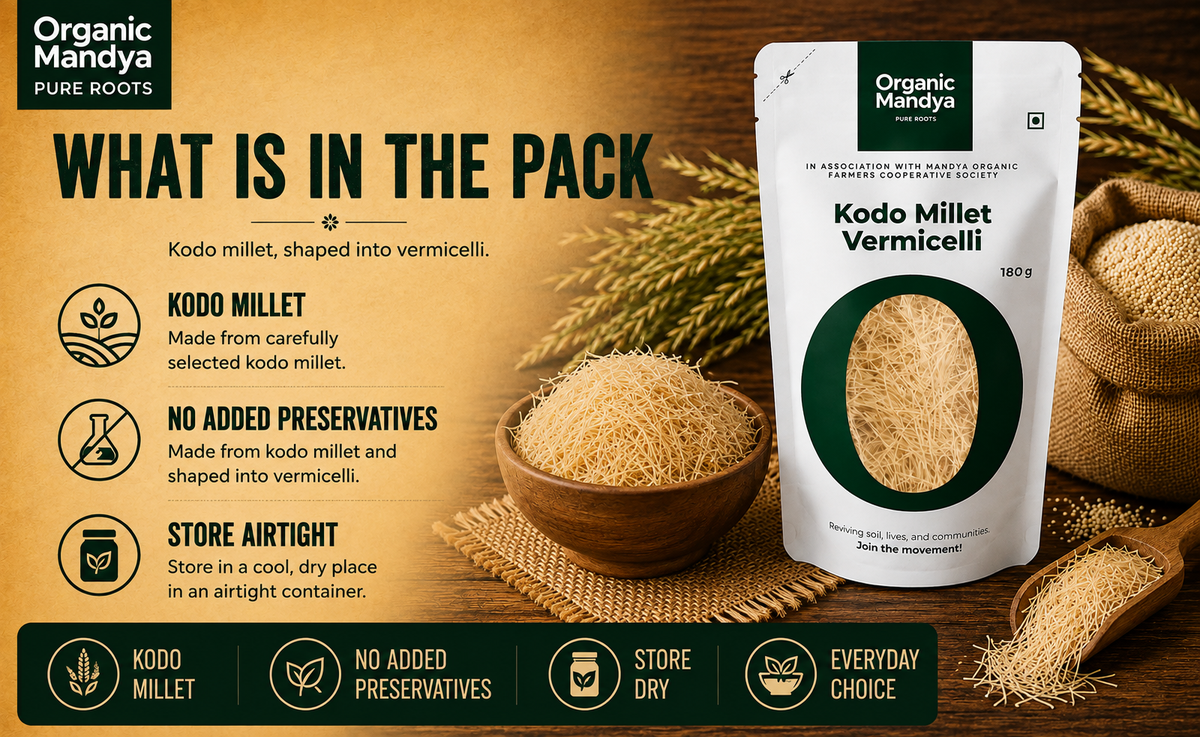 Kodo millet vermicelli packaging with ingredient, storage and product information.