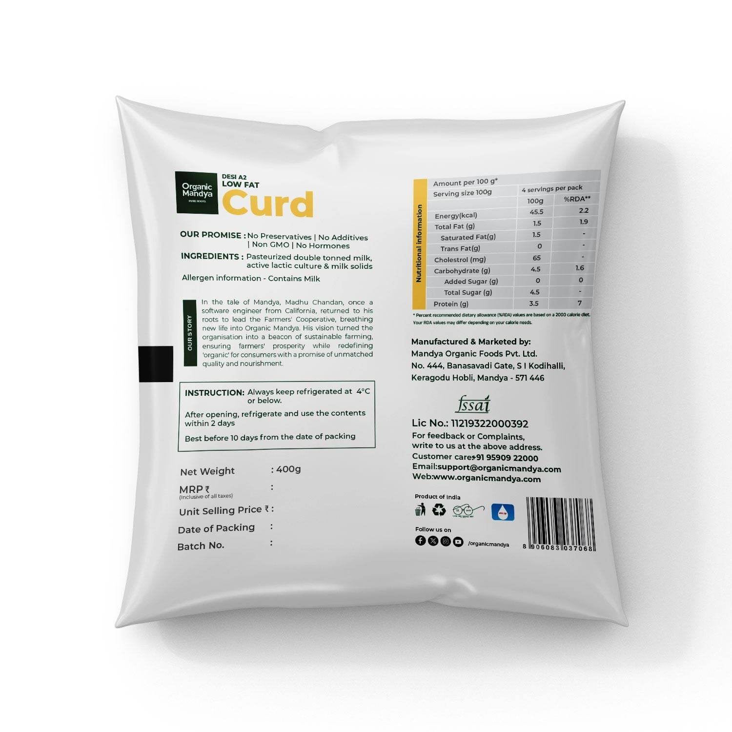 A2 Low Fat Curd - Organic Mandya