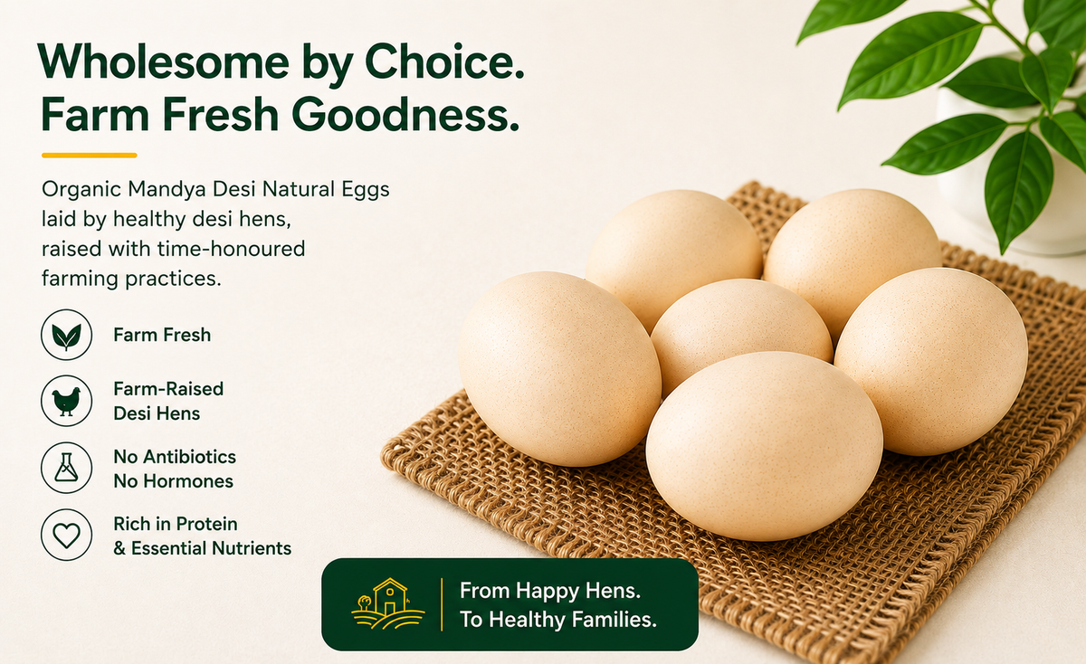 Organic Mandya Desi Eggs from farm-raised desi hens with no antibiotics, no hormones, and rich in protein and essential nutrients.