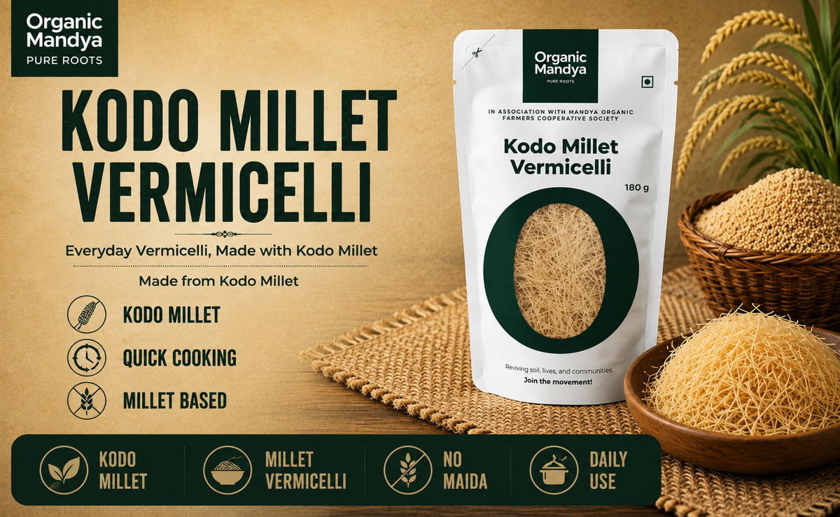 Kodo Millet Vermicelli pack with millet grains and vermicelli showcasing key product features.