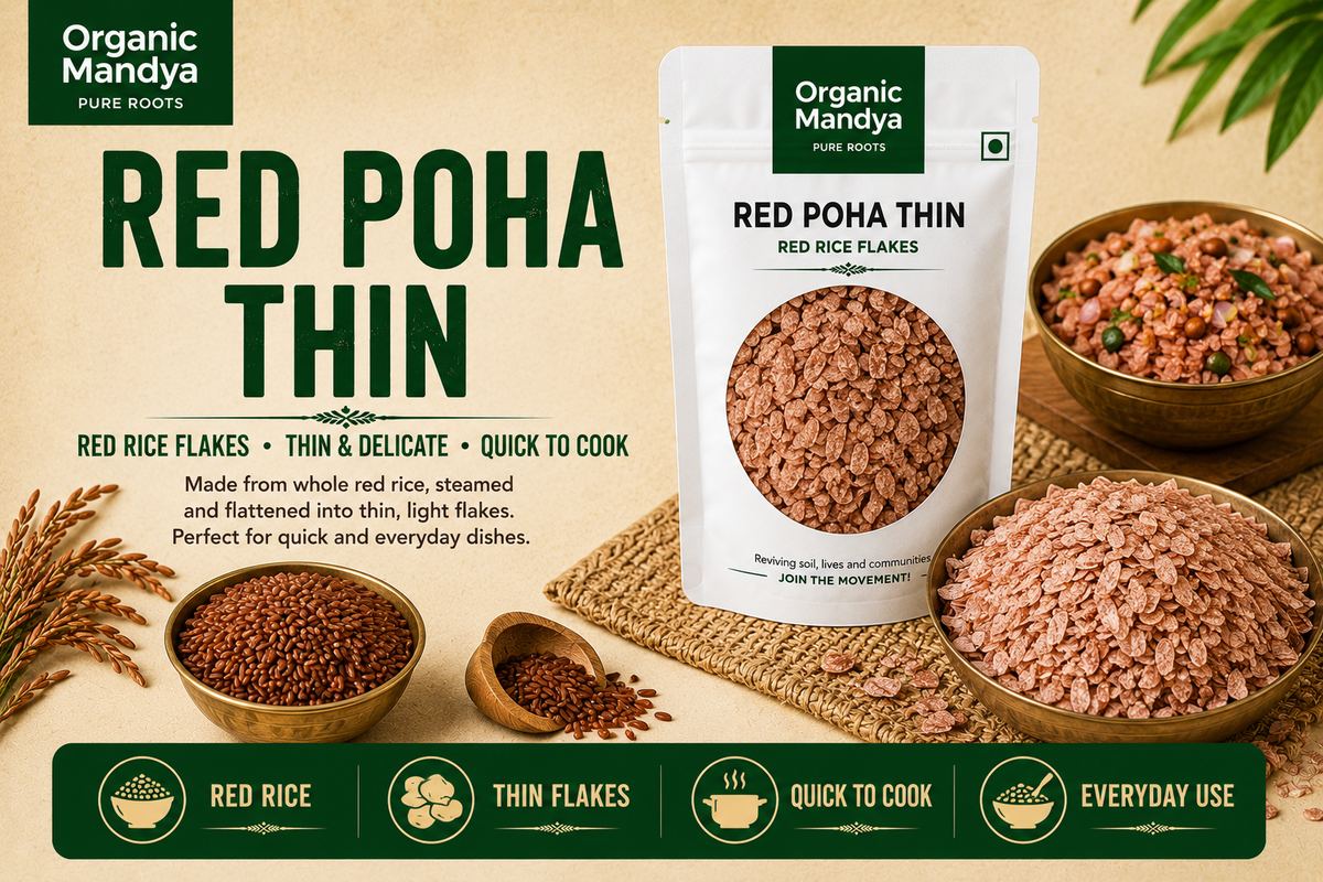 Organic Mandya Red Poha Thin made from red rice and flattened into thin delicate flakes