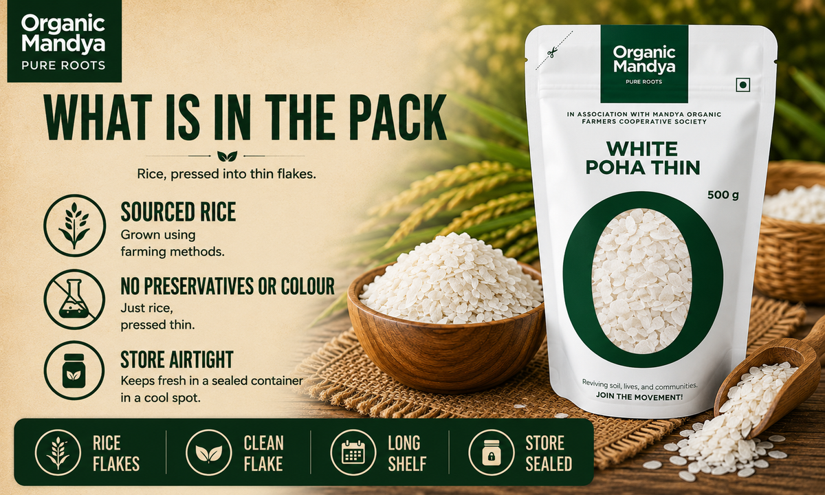 Organic Mandya white poha thin rice flakes in 500 g pack
