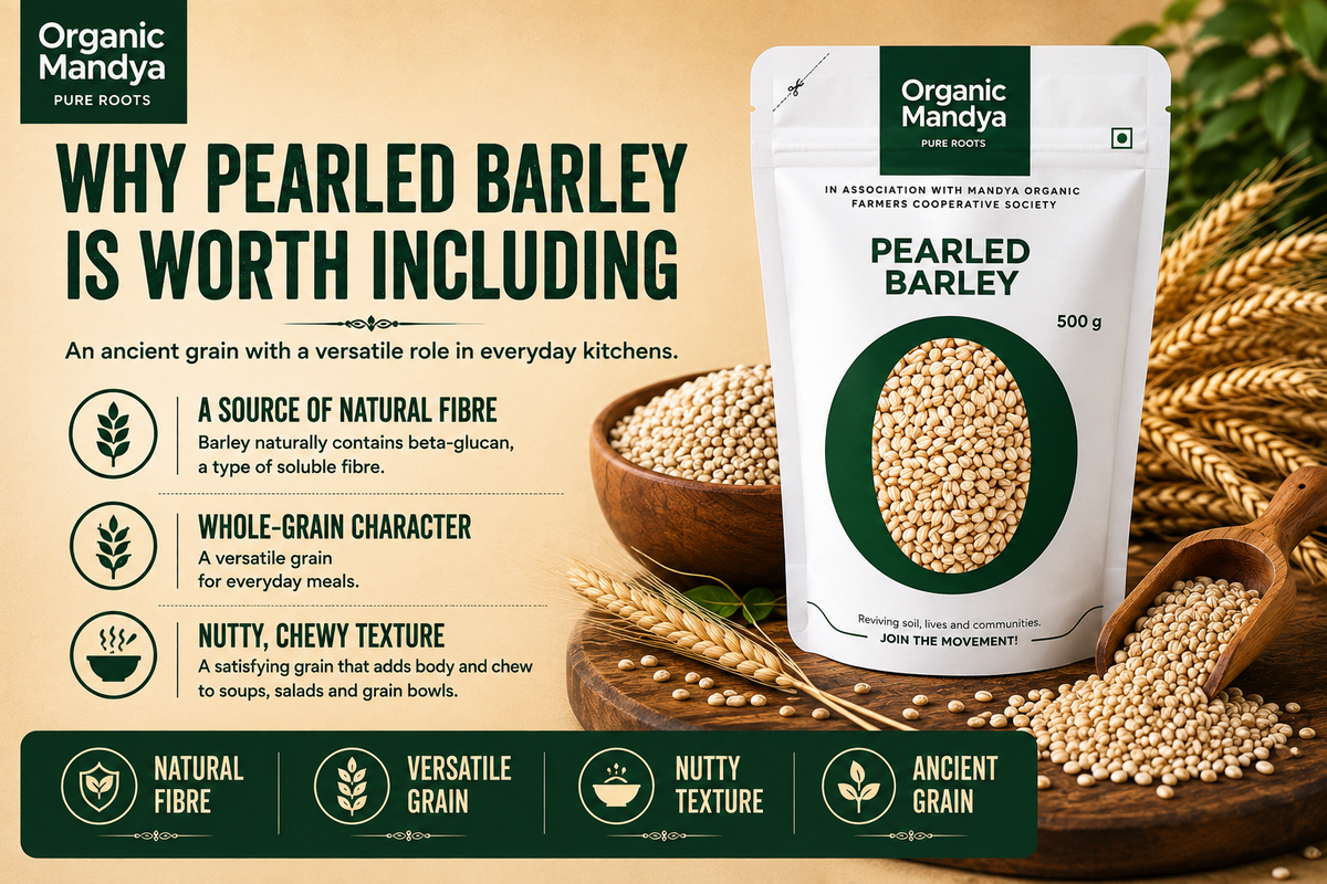 Organic Mandya Pearled Barley with beta-glucan, low GI and nutty texture benefits