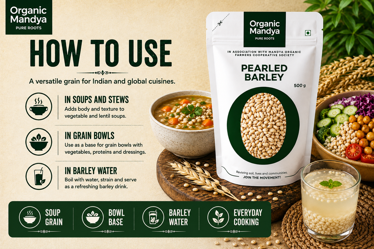 A stand-up pouch of Organic Mandya Pearled Barley shown on a styled food marketing graphic. The package is white with a large circular window displaying beige pearled grains, with green branding and text.