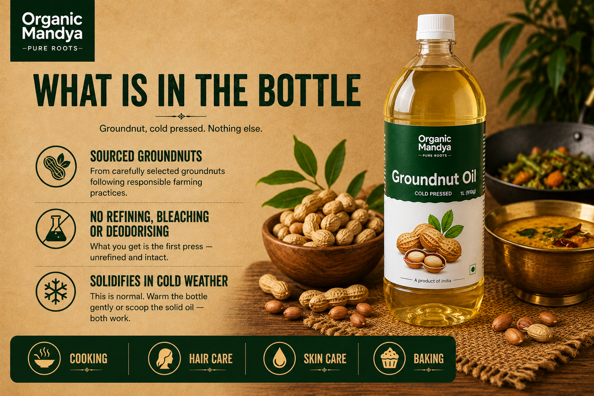 A bottle of Organic Mandya Groundnut Oil displayed on a rustic brown background with peanuts, a bowl of cooked food, and text explaining product benefits. The brand Organic Mandya is clearly visible on the bottle and top left corner.