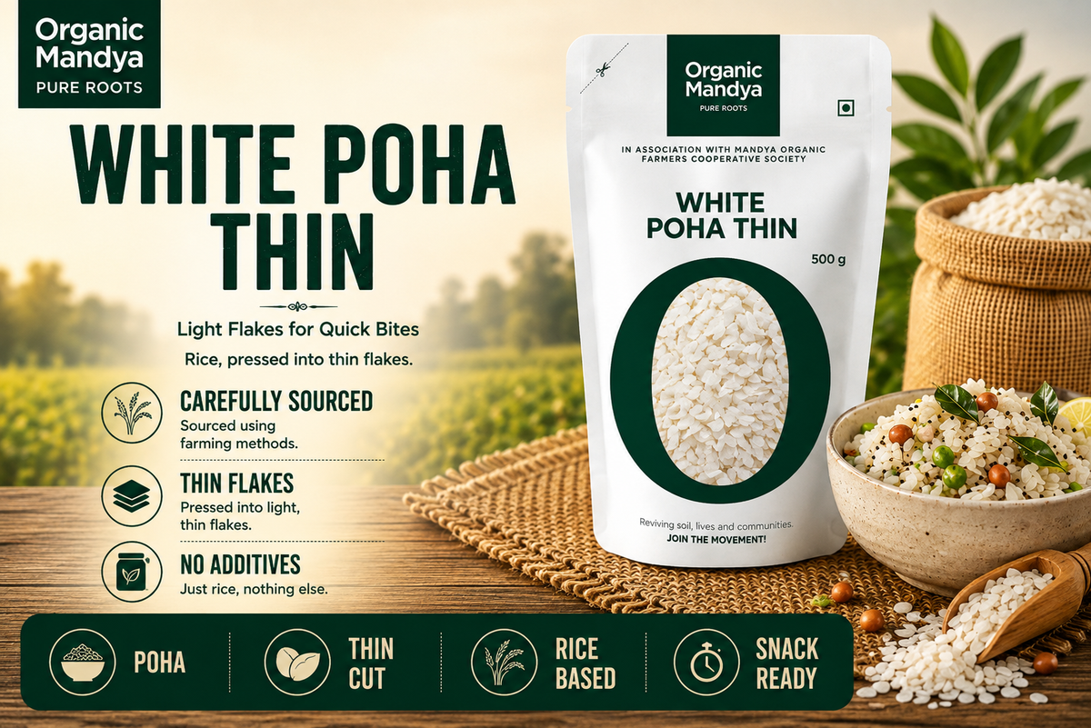 Organic Mandya White Poha Thin 500g pouch shown on a rustic wooden background with bowls of prepared rice, loose rice grains, and marketing text about the product.