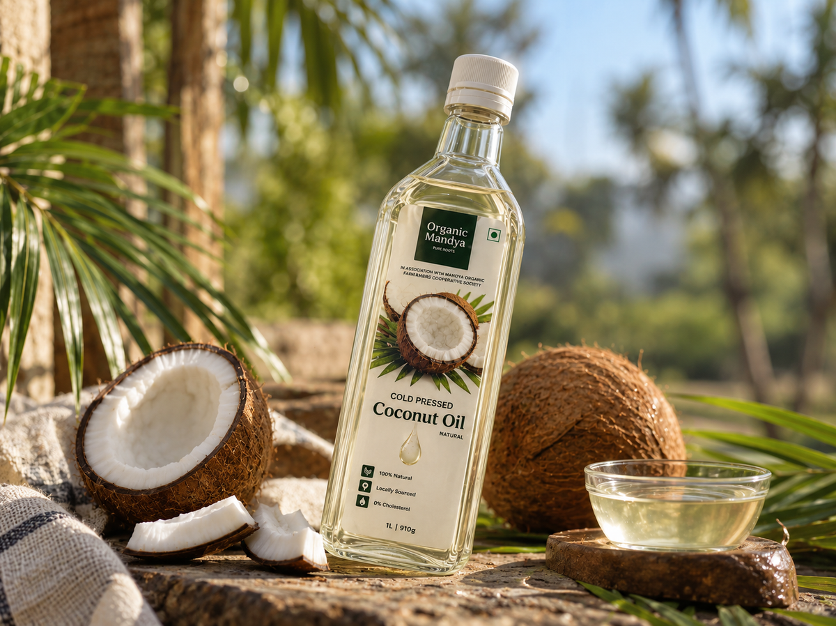 Organic Mandya Cold Pressed Coconut Oil bottle on a stone ledge between halved coconuts and a glass bowl of oil, with palm fronds behind